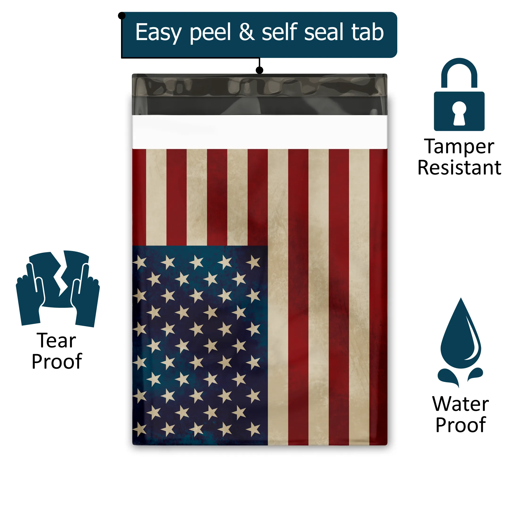 12x15 Rustic American Flag Designer Poly Mailers Shipping Envelopes Premium Printed Bags