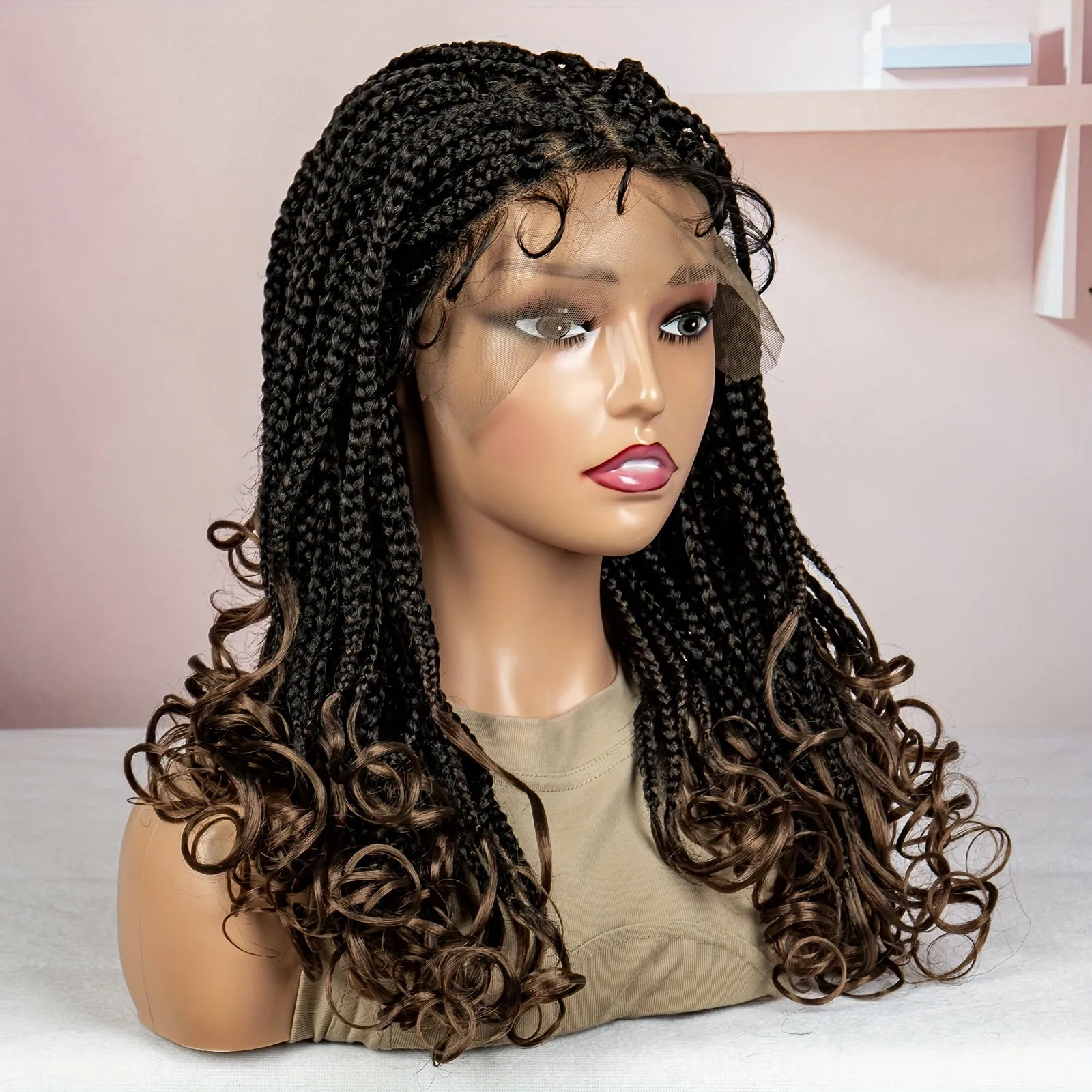 180% Density 9x6 Lace Wig - Elegant Long Box Braids with Curly Ends, Heat Resistant, Beginners Friendly, Synthetic Lace Wig for Women