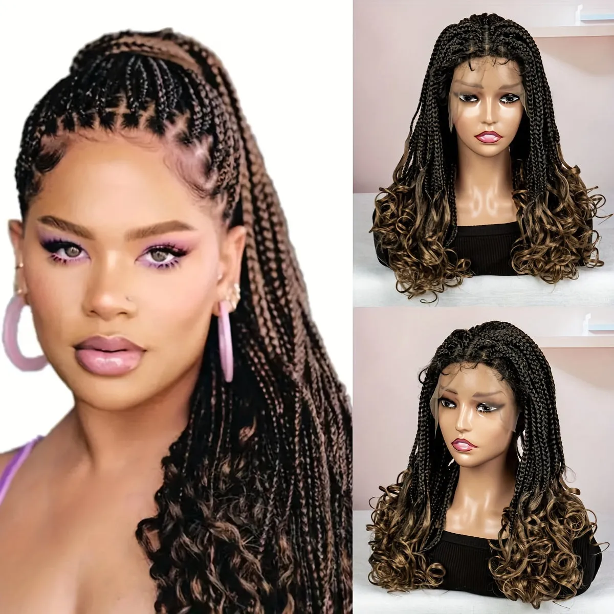 180% Density 9x6 Lace Wig - Elegant Long Box Braids with Curly Ends, Heat Resistant, Beginners Friendly, Synthetic Lace Wig for Women