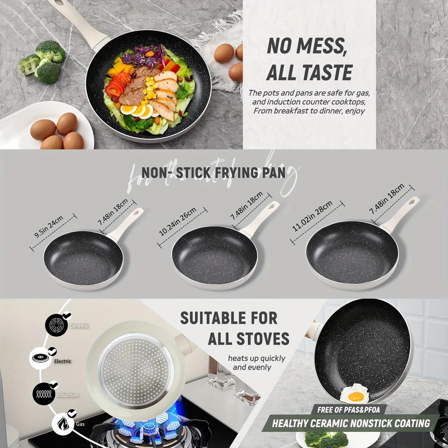 1pc Granite Stone Non-Stick Frying Pan Skillet - PFOA Free, Durable, Heat-Resistant Cookware for All Stoves, Induction Compatible, Easy Cleaning - 9.45/10.25/11 Inch, Multi-Size Options