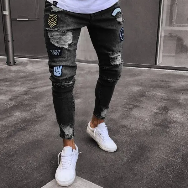 24 Styles Skinny ripped jeans men Pants Pencil Biker Side Striped Jeans Destroyed Hole Hip Hop Slim Fit Man Stretchy Jean Print