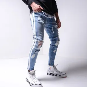 24 Styles Skinny ripped jeans men Pants Pencil Biker Side Striped Jeans Destroyed Hole Hip Hop Slim Fit Man Stretchy Jean Print