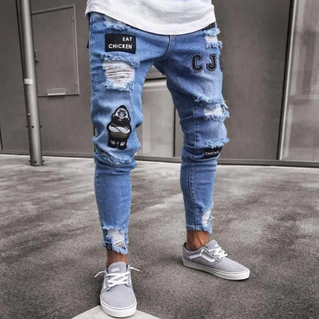 24 Styles Skinny ripped jeans men Pants Pencil Biker Side Striped Jeans Destroyed Hole Hip Hop Slim Fit Man Stretchy Jean Print