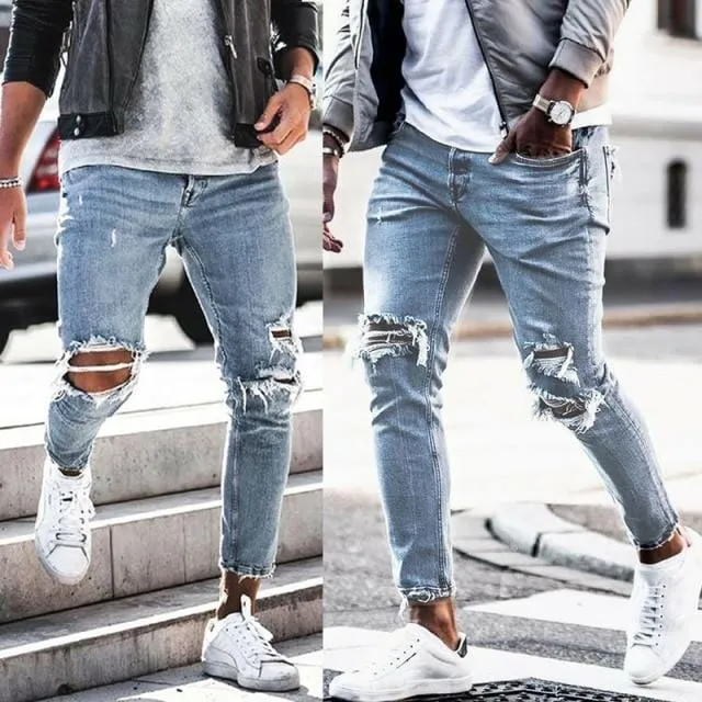 24 Styles Skinny ripped jeans men Pants Pencil Biker Side Striped Jeans Destroyed Hole Hip Hop Slim Fit Man Stretchy Jean Print