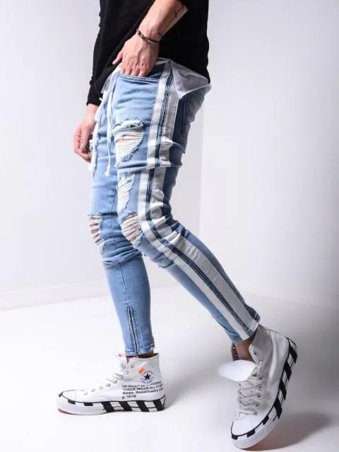 24 Styles Skinny ripped jeans men Pants Pencil Biker Side Striped Jeans Destroyed Hole Hip Hop Slim Fit Man Stretchy Jean Print