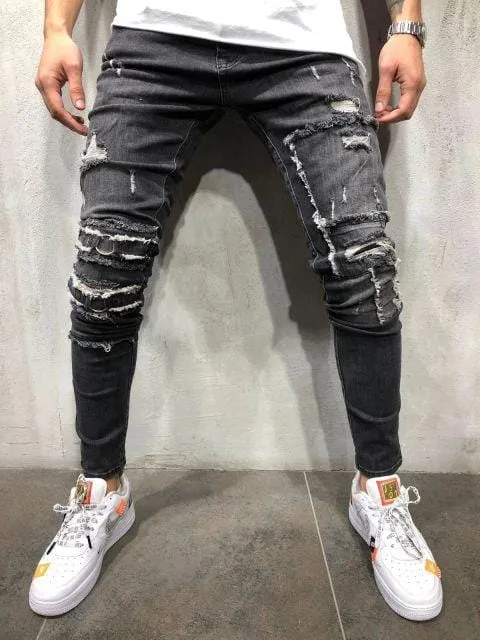 24 Styles Skinny ripped jeans men Pants Pencil Biker Side Striped Jeans Destroyed Hole Hip Hop Slim Fit Man Stretchy Jean Print