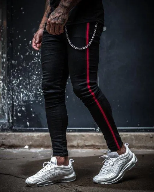 24 Styles Skinny ripped jeans men Pants Pencil Biker Side Striped Jeans Destroyed Hole Hip Hop Slim Fit Man Stretchy Jean Print