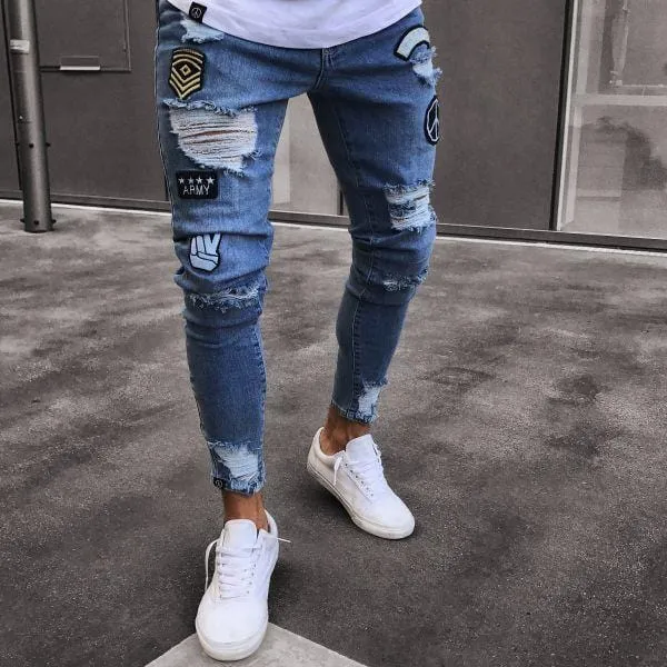 24 Styles Skinny ripped jeans men Pants Pencil Biker Side Striped Jeans Destroyed Hole Hip Hop Slim Fit Man Stretchy Jean Print