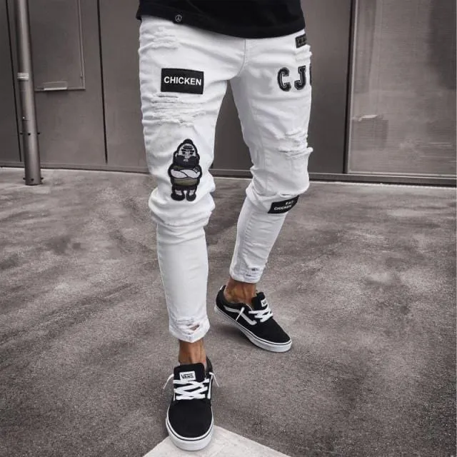 24 Styles Skinny ripped jeans men Pants Pencil Biker Side Striped Jeans Destroyed Hole Hip Hop Slim Fit Man Stretchy Jean Print