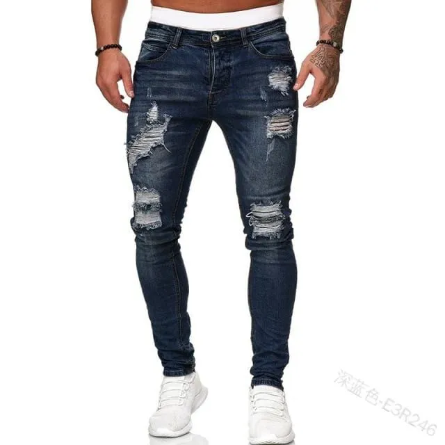 24 Styles Skinny ripped jeans men Pants Pencil Biker Side Striped Jeans Destroyed Hole Hip Hop Slim Fit Man Stretchy Jean Print