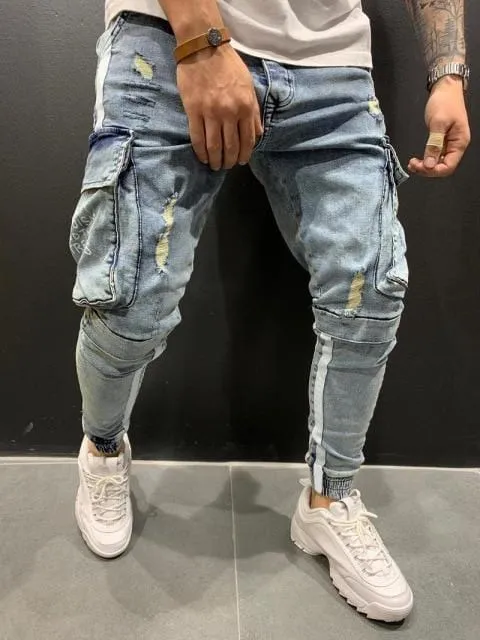 24 Styles Skinny ripped jeans men Pants Pencil Biker Side Striped Jeans Destroyed Hole Hip Hop Slim Fit Man Stretchy Jean Print