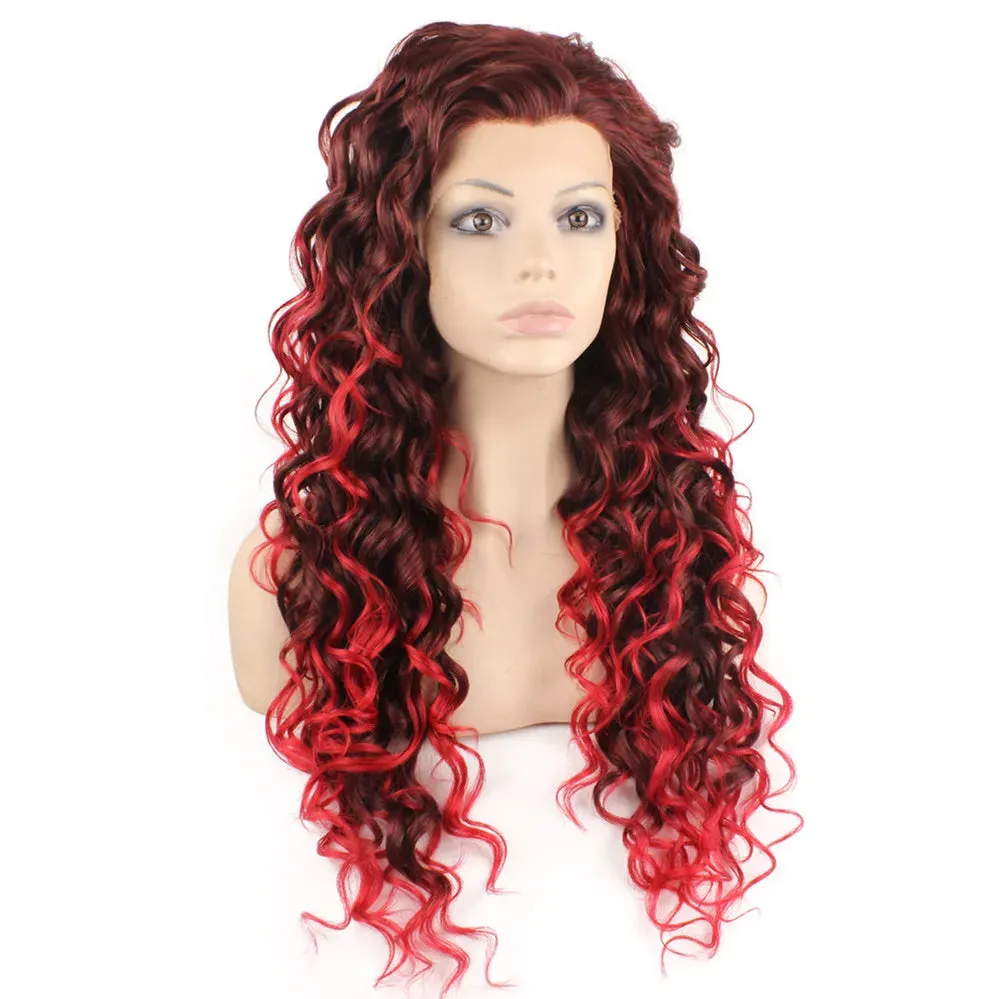 26" Extra Long Curly Lace Front Wig Auburn Tip-red Heat Friendly Synthetic Hair Wig