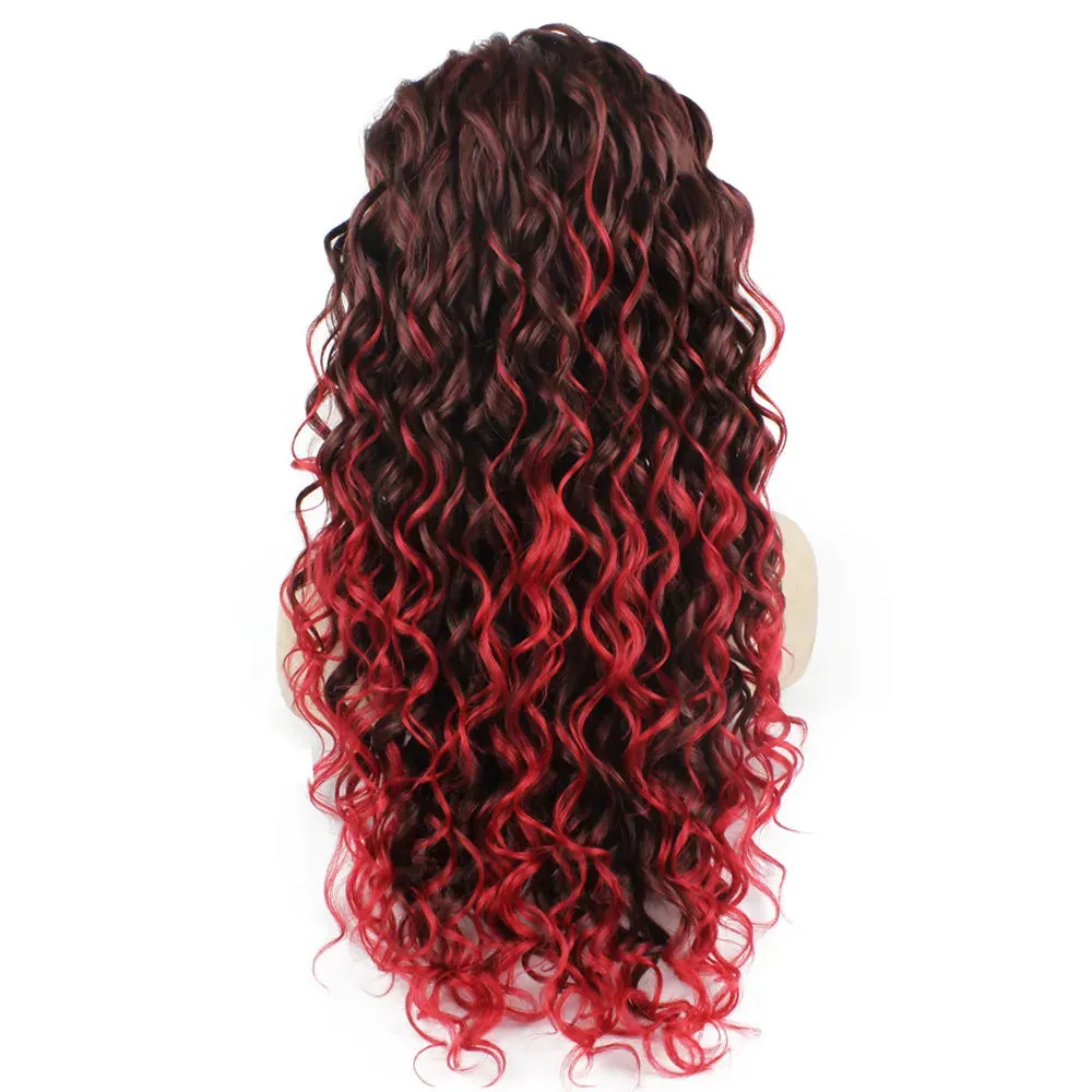 26" Extra Long Curly Lace Front Wig Auburn Tip-red Heat Friendly Synthetic Hair Wig