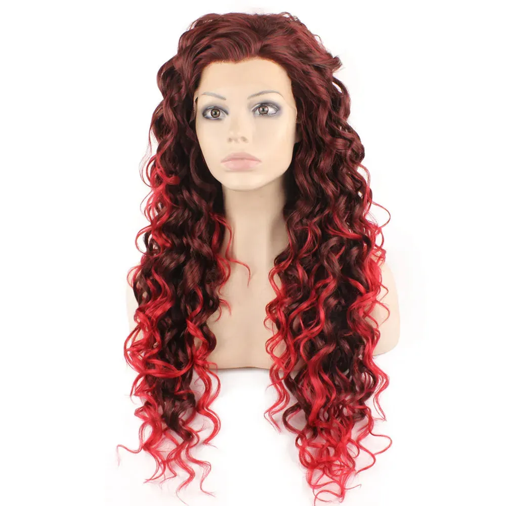 26" Extra Long Curly Lace Front Wig Auburn Tip-red Heat Friendly Synthetic Hair Wig