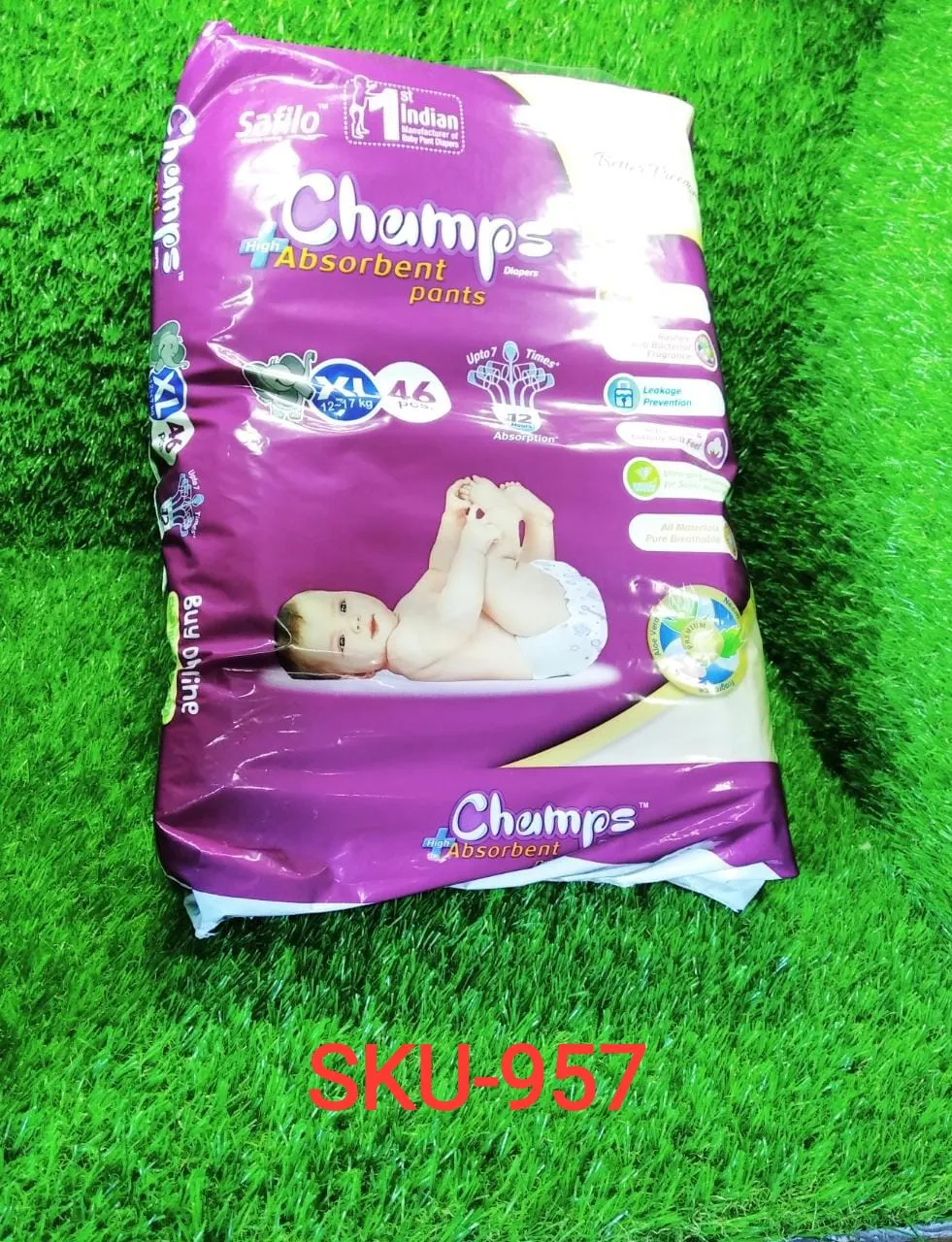 957 Premium Champs High Absorbent Pant Style Diaper Extra Large(XL) Size, 46 Pieces (957_XLarge_46)