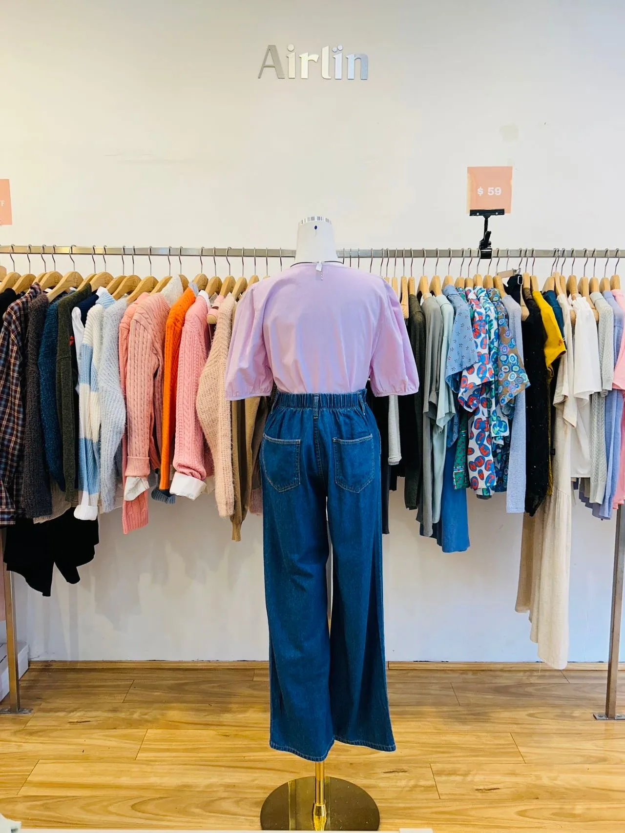 A square-necked lavender shirt