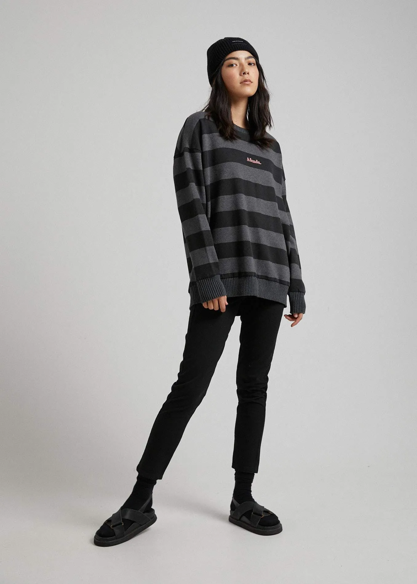 Afends Womens Unplugged - Stripe Crew Neck - Grey Marle