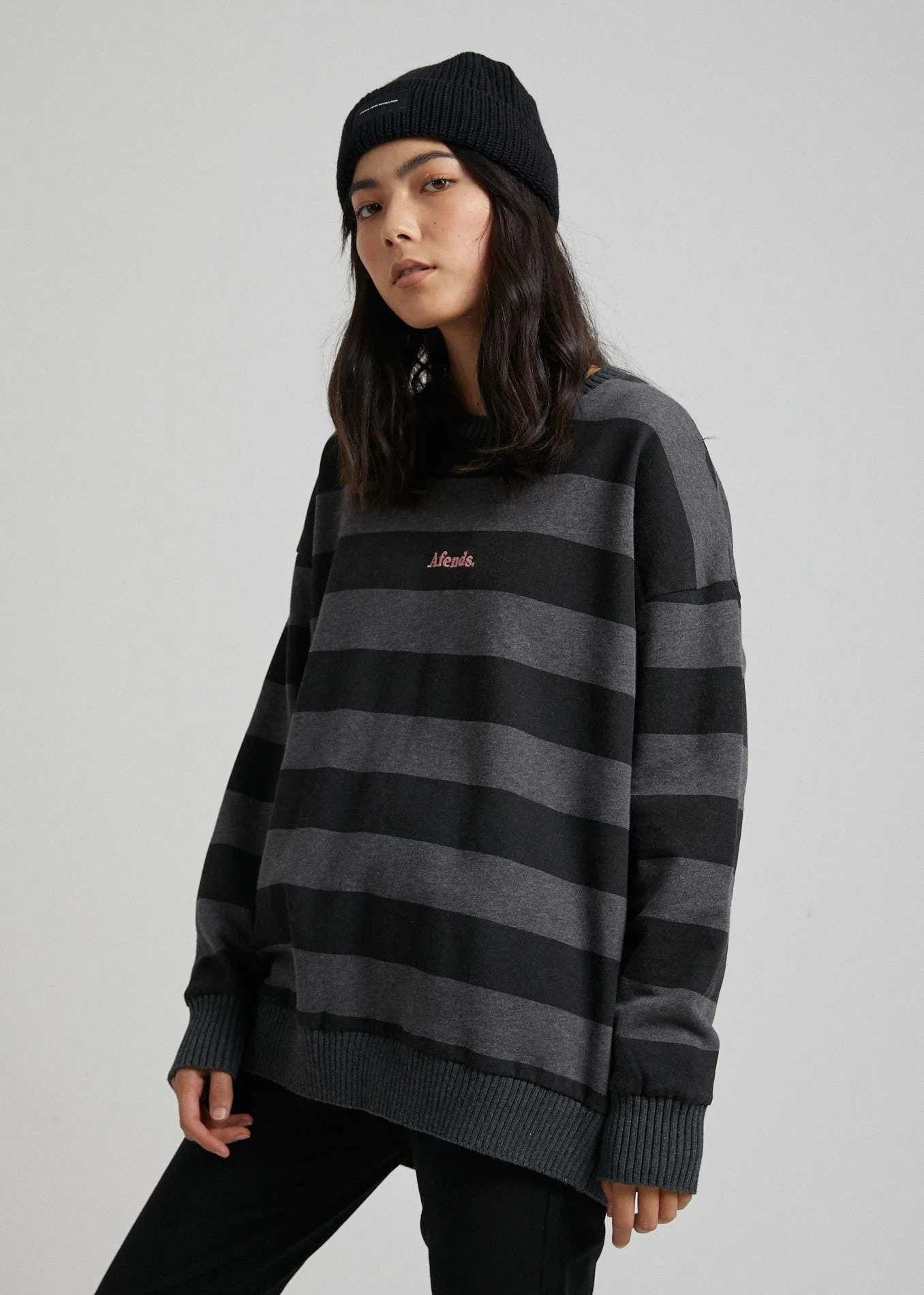 Afends Womens Unplugged - Stripe Crew Neck - Grey Marle