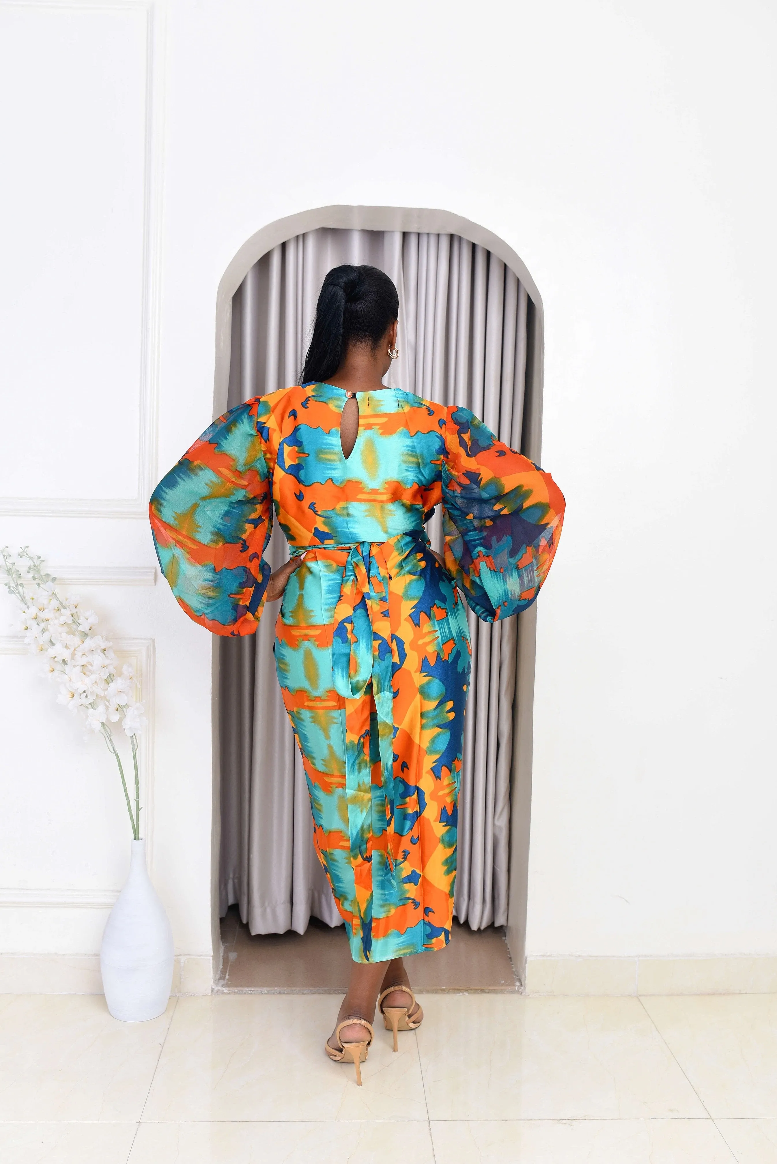 African Print Silk Long Sleeve Wrap Dress - Oleku