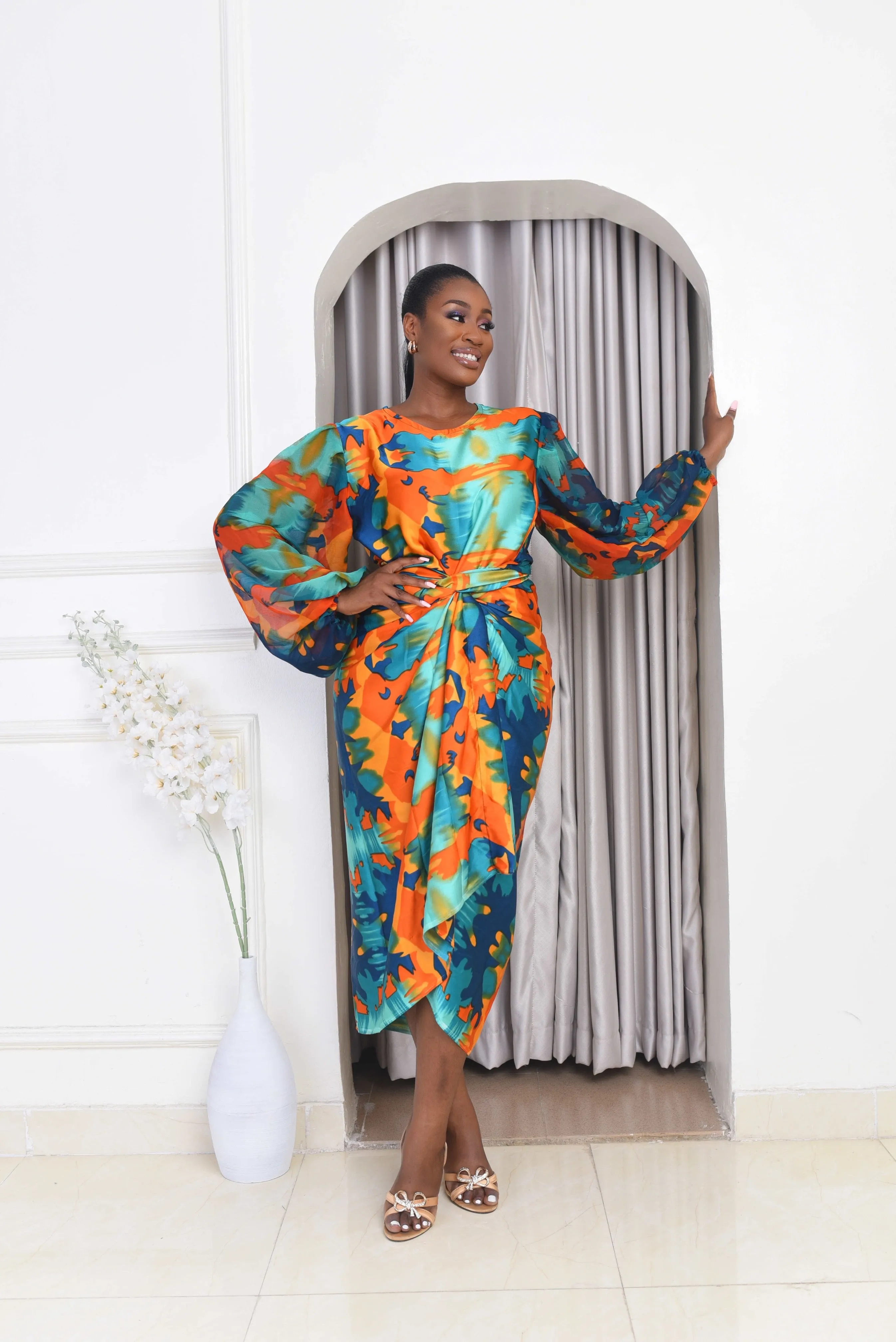 African Print Silk Long Sleeve Wrap Dress - Oleku