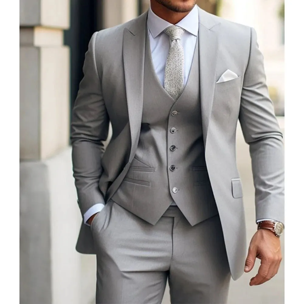 Aidase Luxury Men's Suits Bespoke Grey Costume Homme Slim Fit Formal Wedding Outfits 3 Piece Jacket Pants With Vest Custom Made 2024