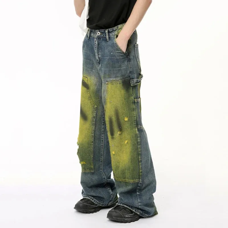 American Style Men's Jeans Worn-out Tie-dye Hole Casual Male Denim Pants Patchwork Contrast Color Menwear Tide 9C6512