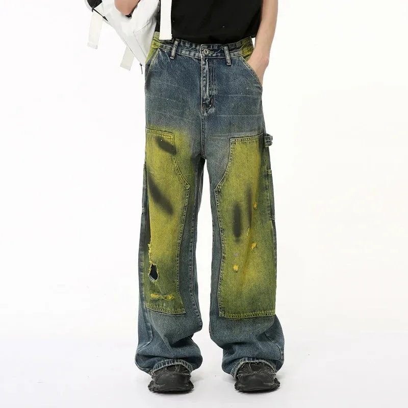 American Style Men's Jeans Worn-out Tie-dye Hole Casual Male Denim Pants Patchwork Contrast Color Menwear Tide 9C6512