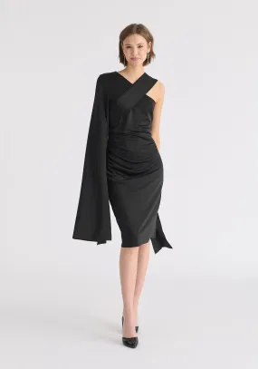 Asymmetric Draped Cape Sleeve Dress