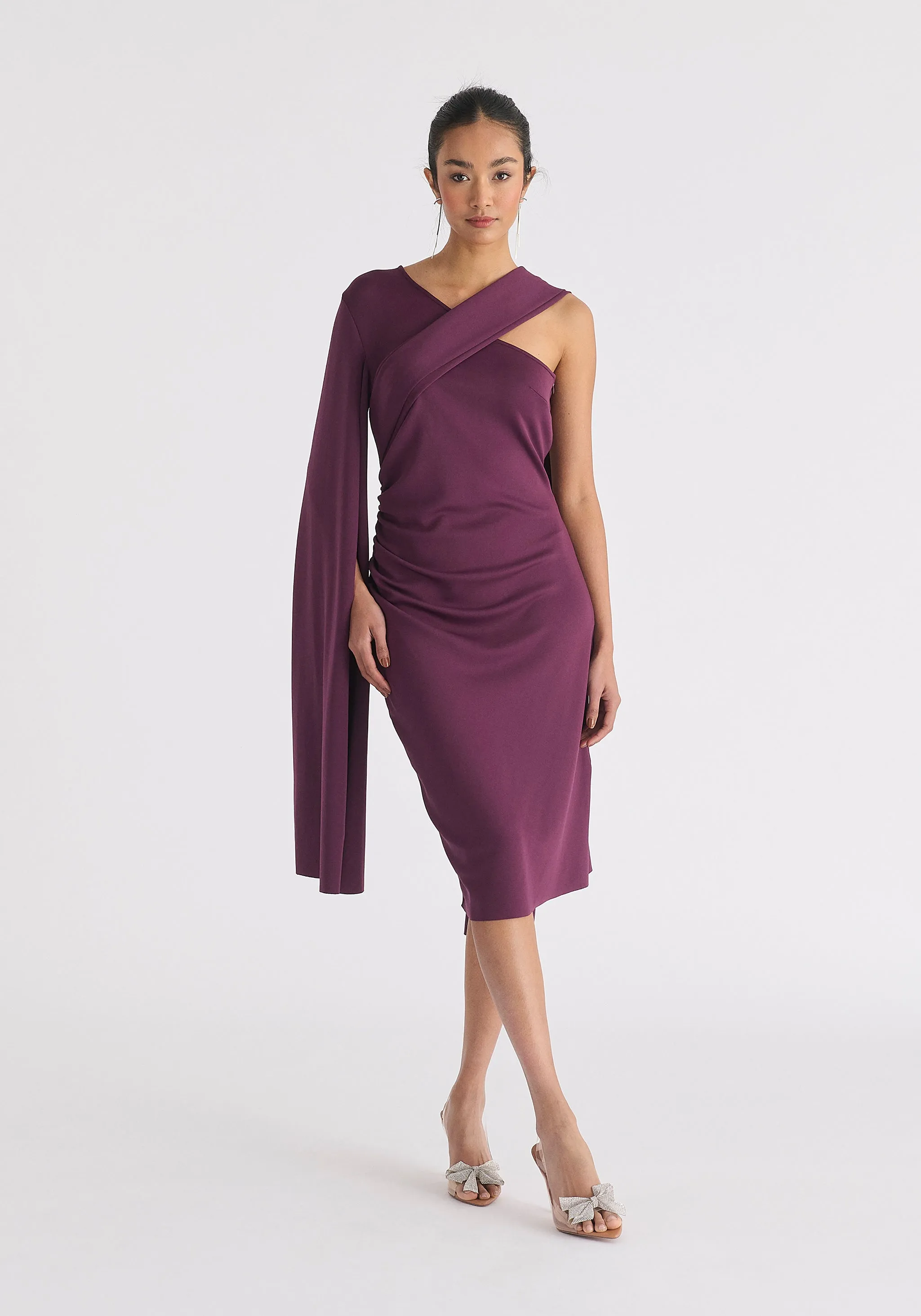 Asymmetric Draped Cape Sleeve Dress