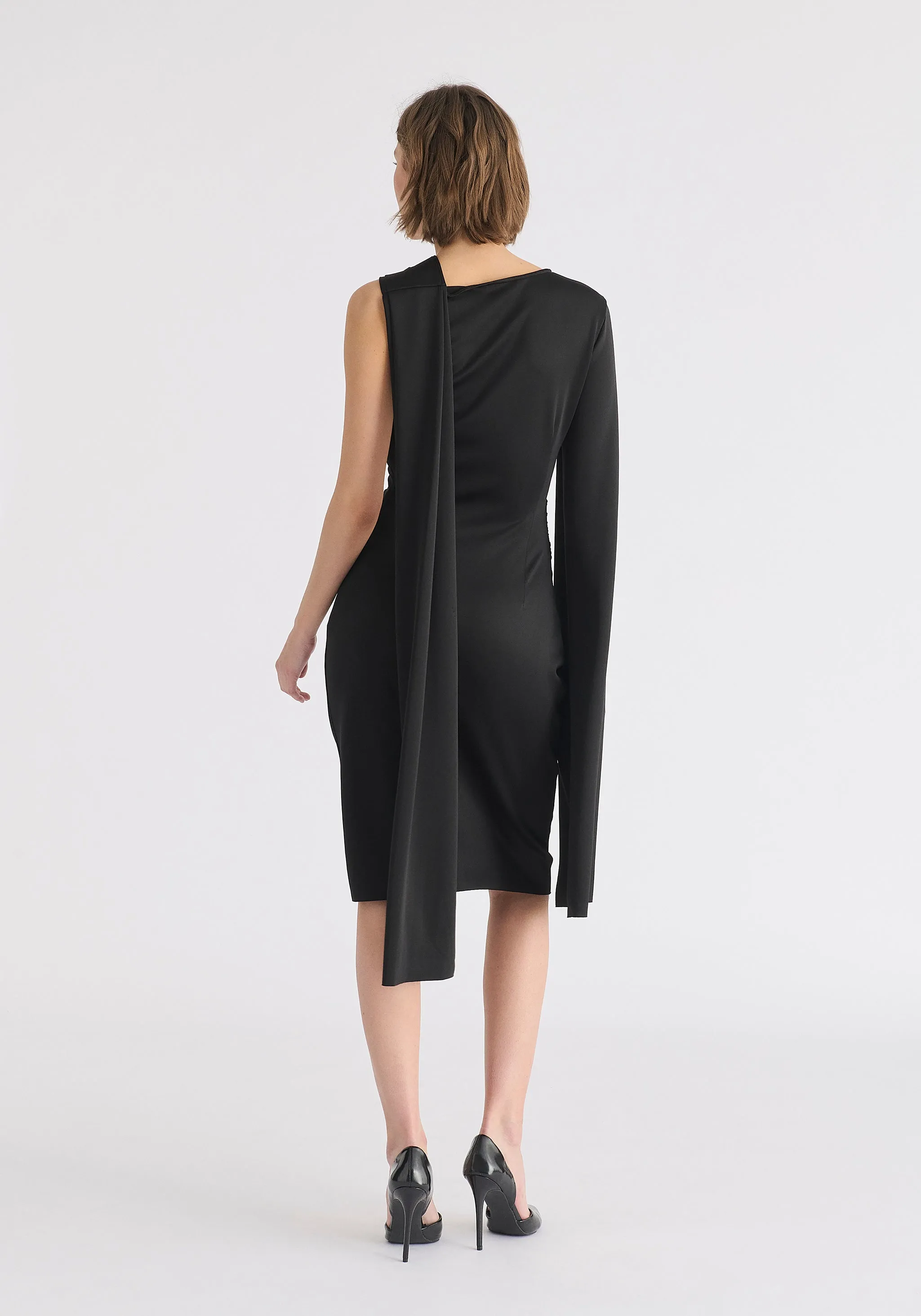 Asymmetric Draped Cape Sleeve Dress