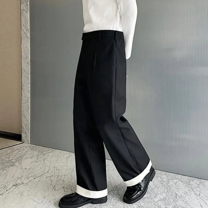 Autumn Wide Leg Suit Pants Men Contrast Color Cuffed Hidden Buckle Design Personalized Versatile Straight Pants 9C7057