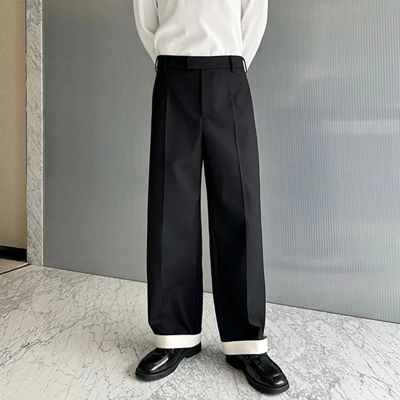 Autumn Wide Leg Suit Pants Men Contrast Color Cuffed Hidden Buckle Design Personalized Versatile Straight Pants 9C7057