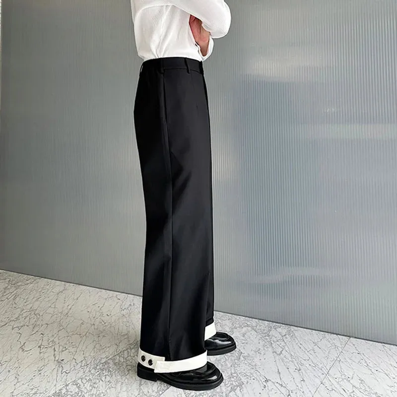 Autumn Wide Leg Suit Pants Men Contrast Color Cuffed Hidden Buckle Design Personalized Versatile Straight Pants 9C7057