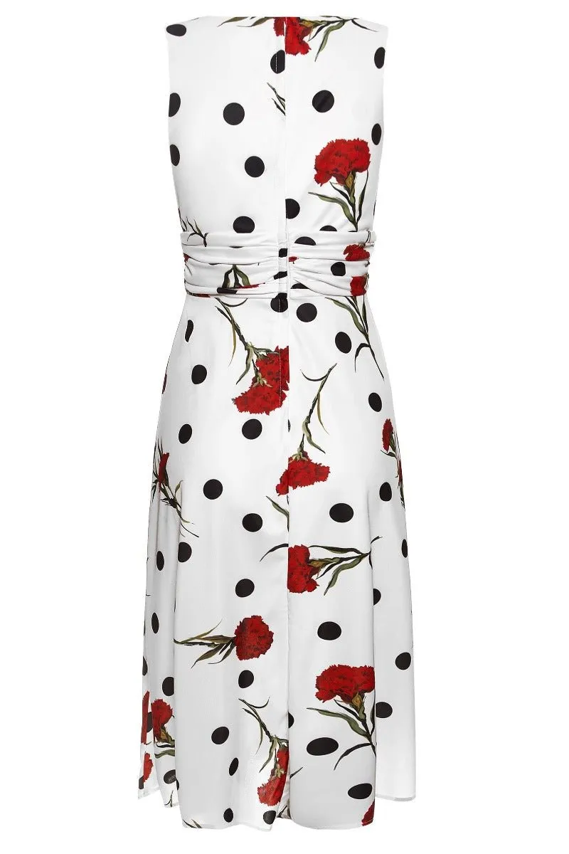 Bernice 50's Inspired Swing Dress in White with Black Dots and Red Carnation