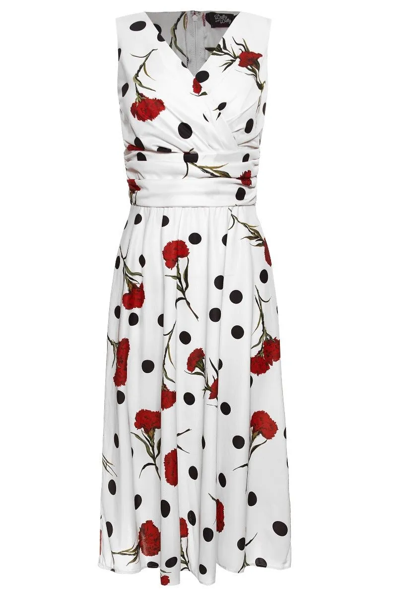 Bernice 50's Inspired Swing Dress in White with Black Dots and Red Carnation