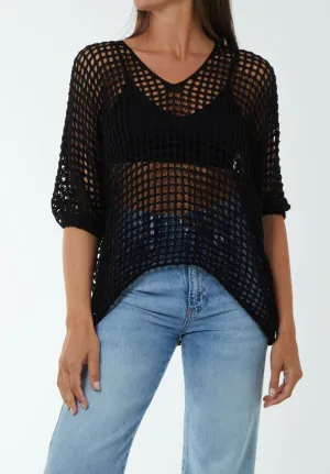 Black Crochet V- Neck Short Sleeve Top