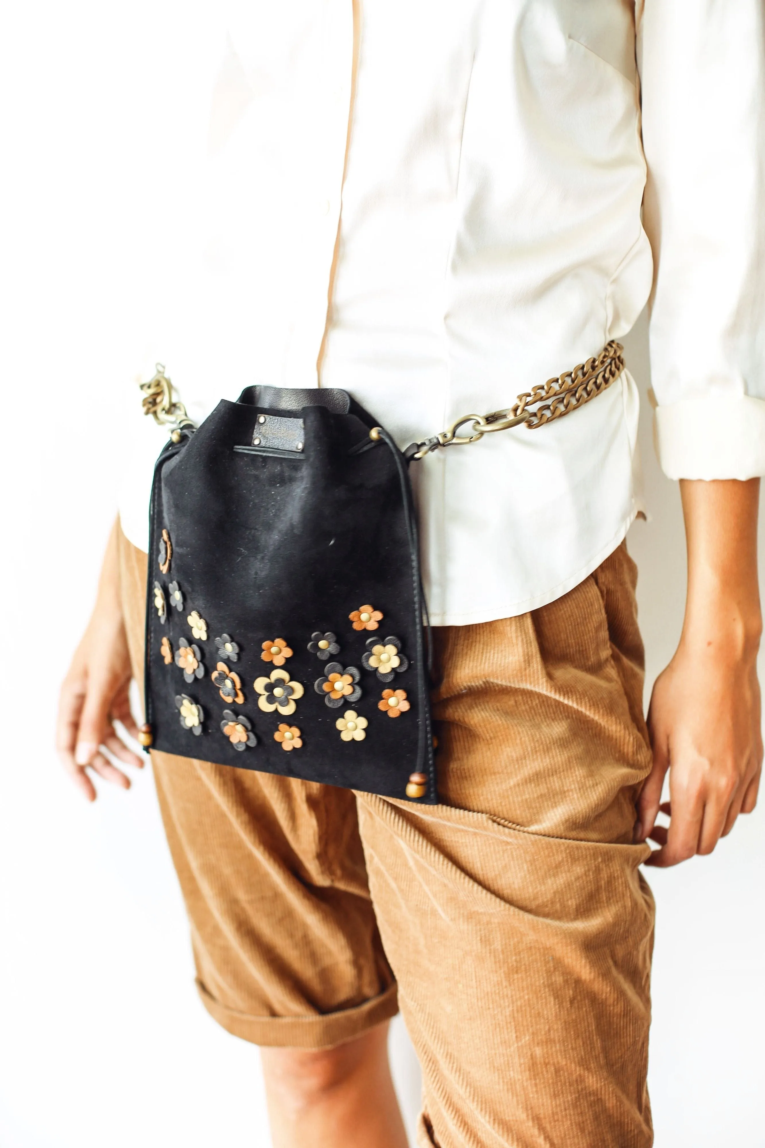 Black Floral Suede Pouch Bag