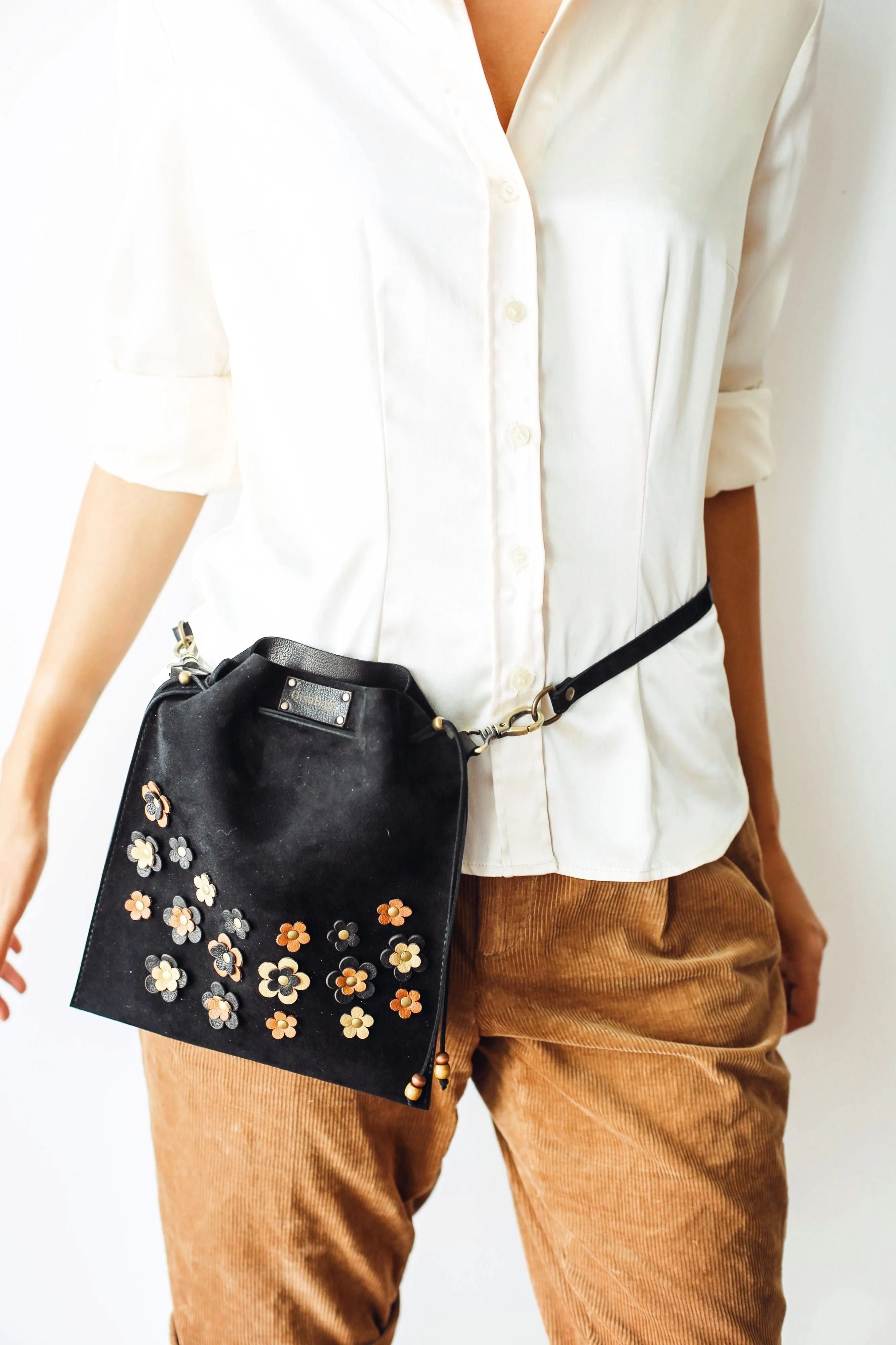 Black Floral Suede Pouch Bag