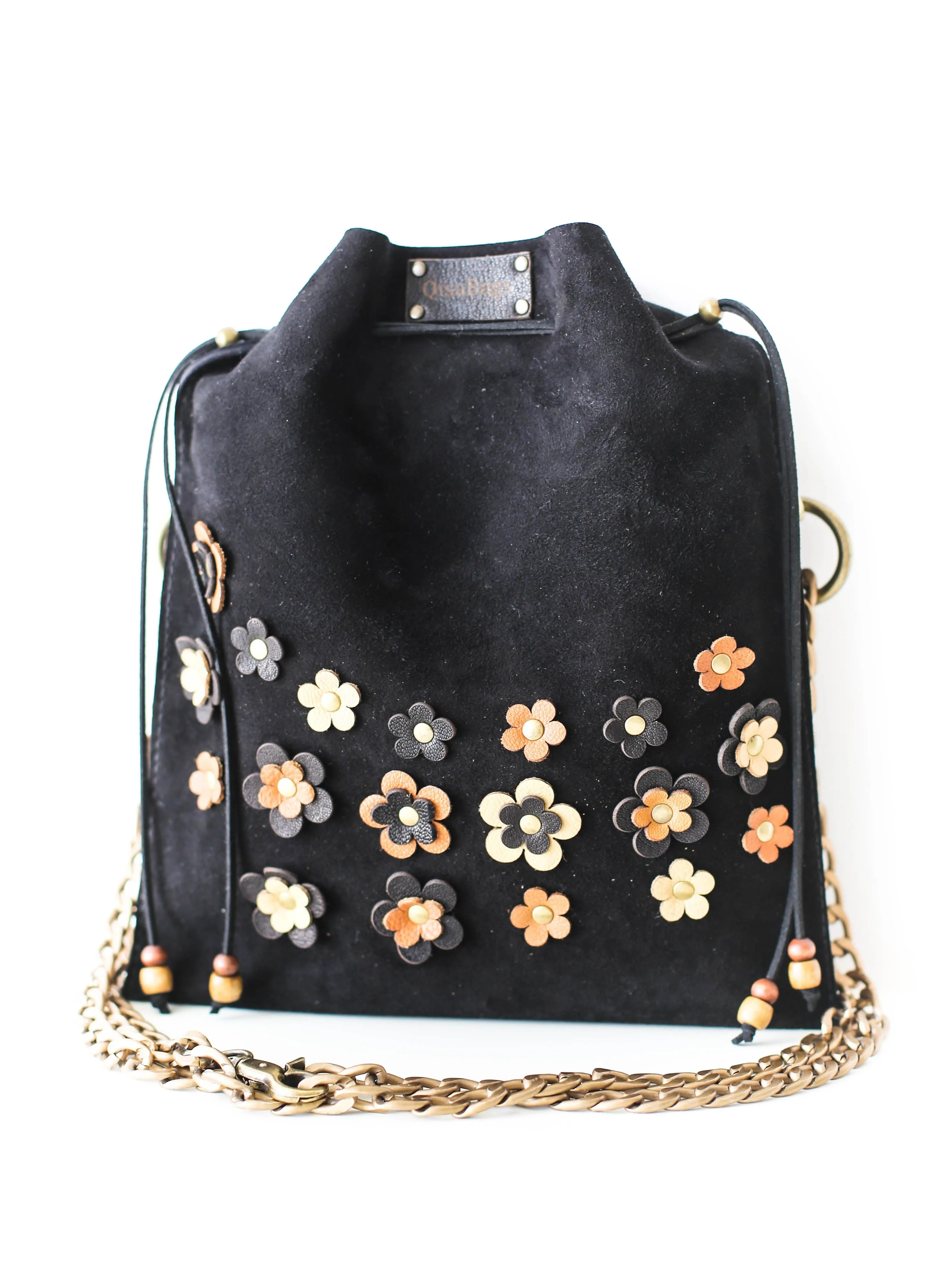 Black Floral Suede Pouch Bag