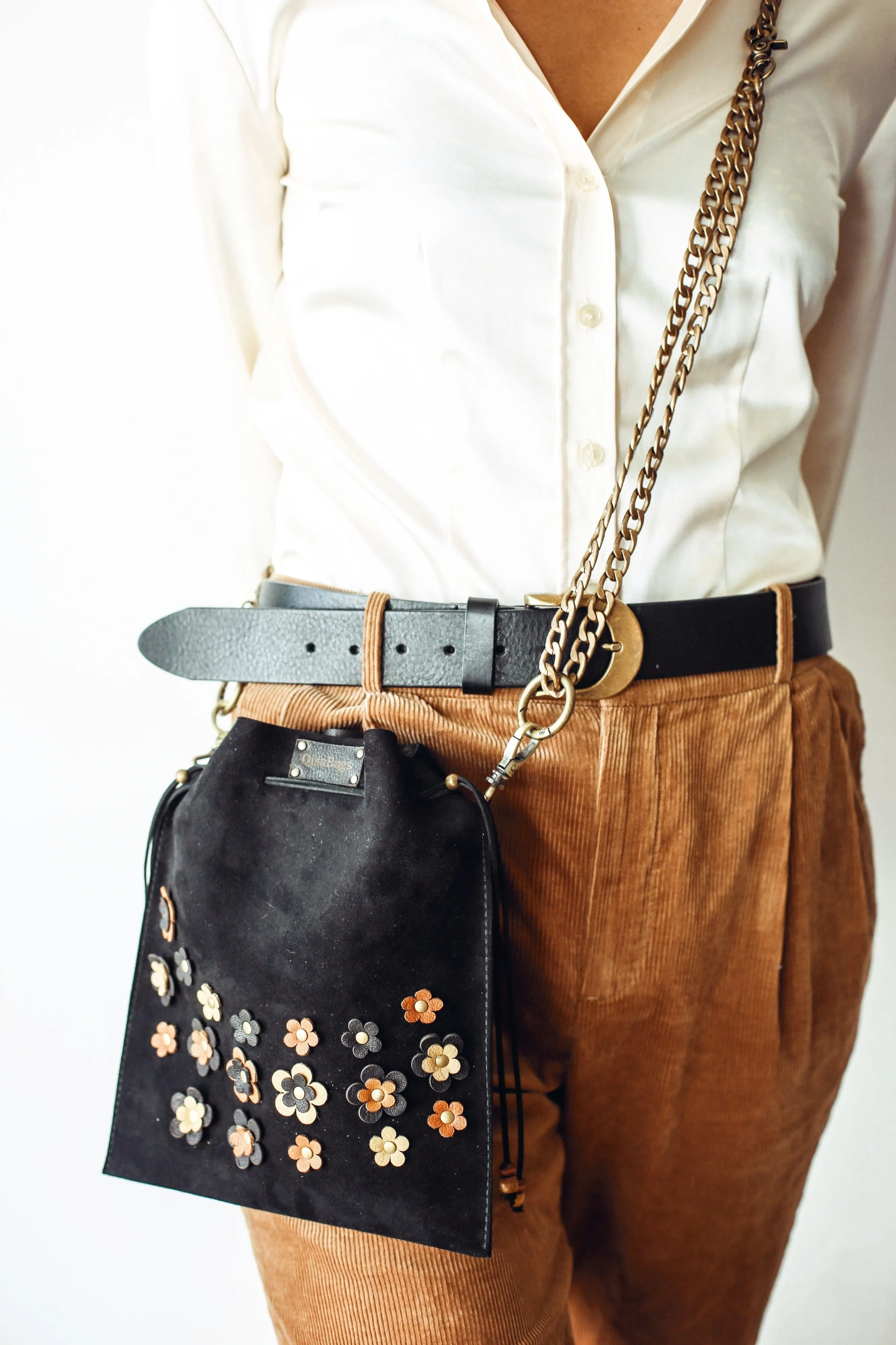 Black Floral Suede Pouch Bag