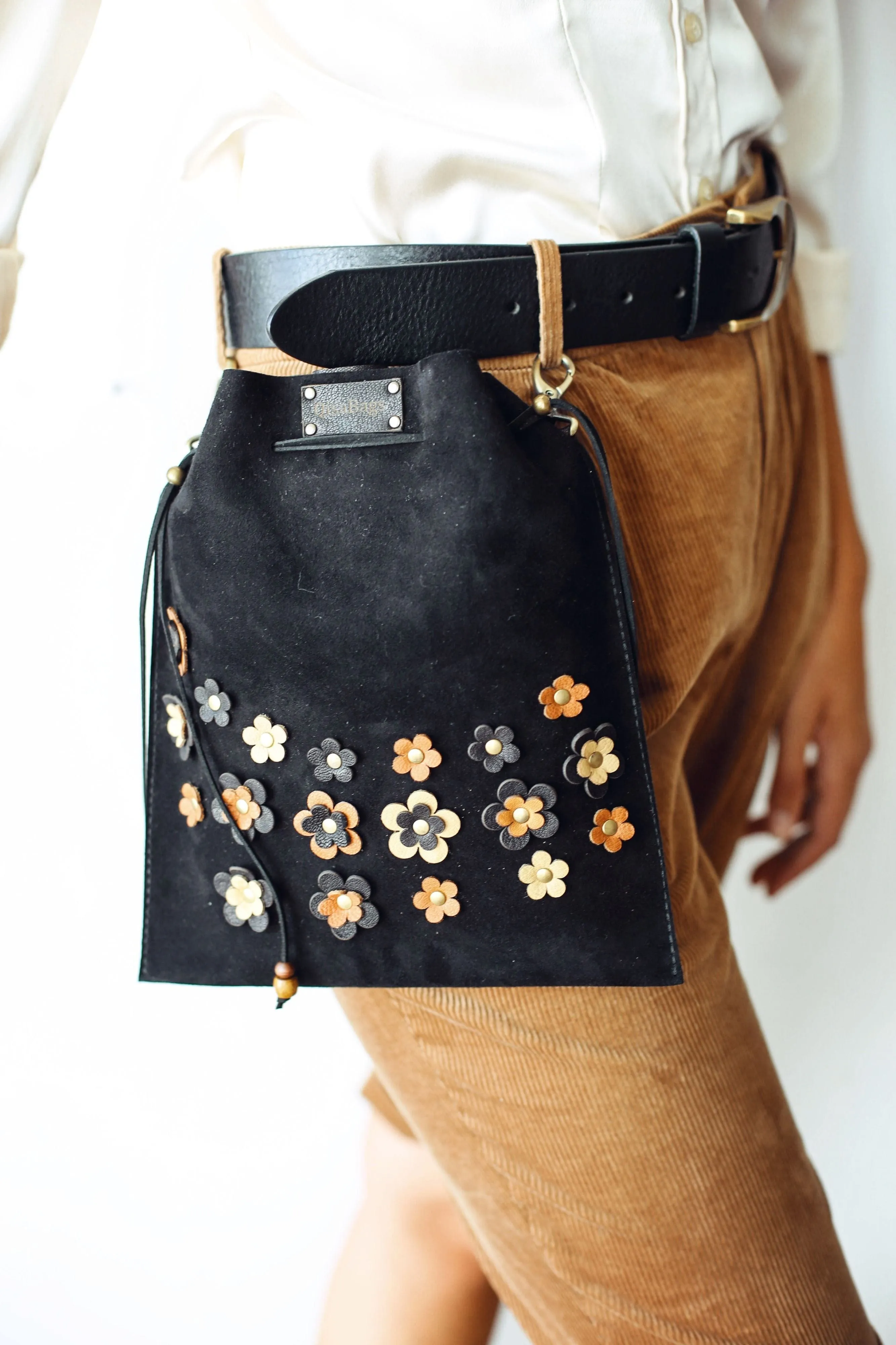 Black Floral Suede Pouch Bag