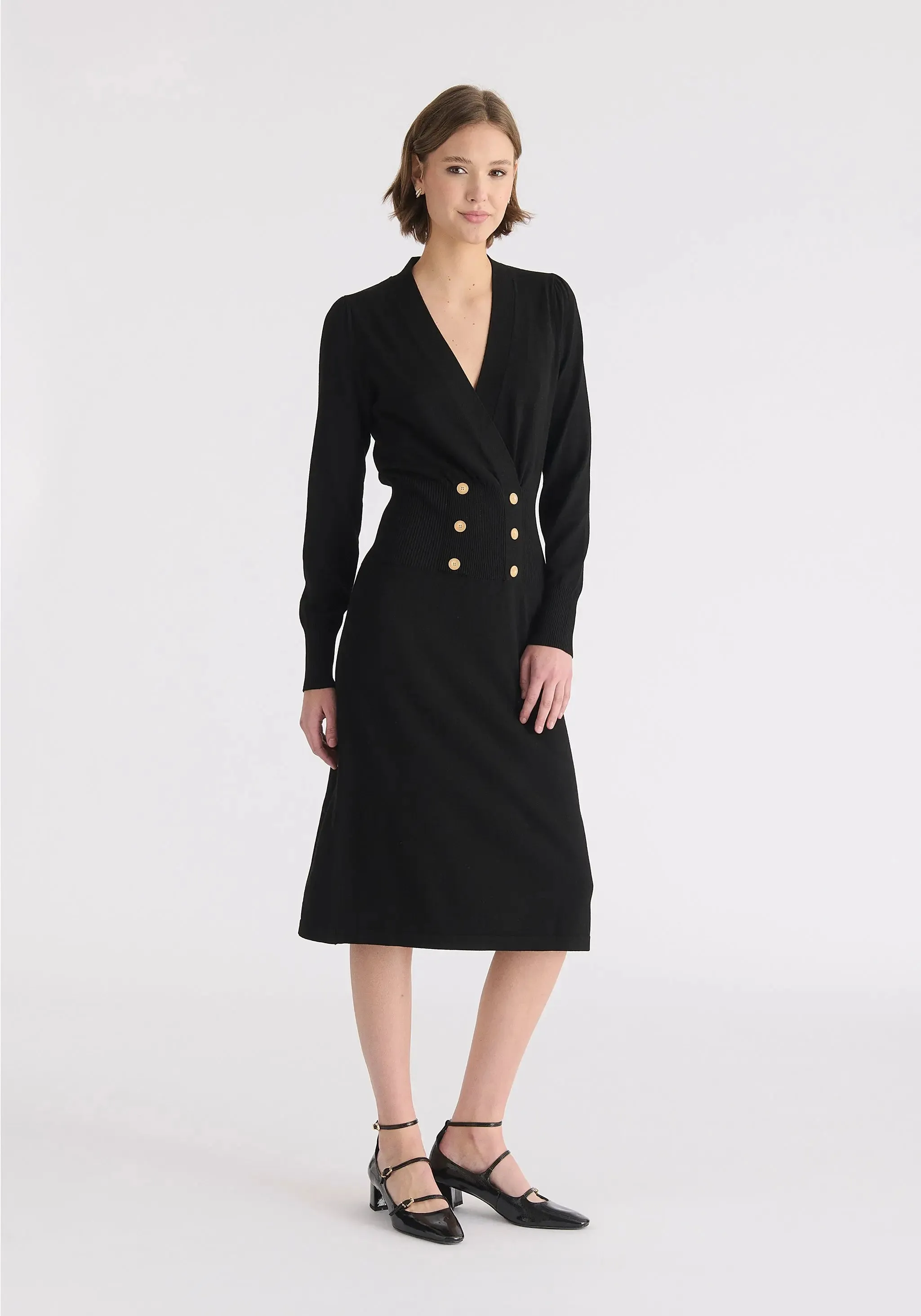 Black Long Sleeve Knitted Button Wrap Dress