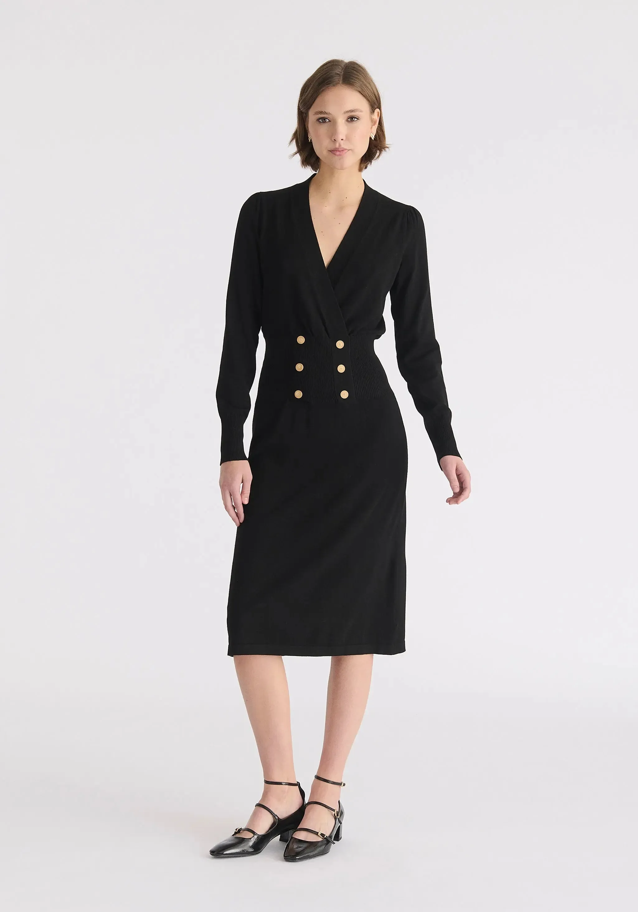 Black Long Sleeve Knitted Button Wrap Dress