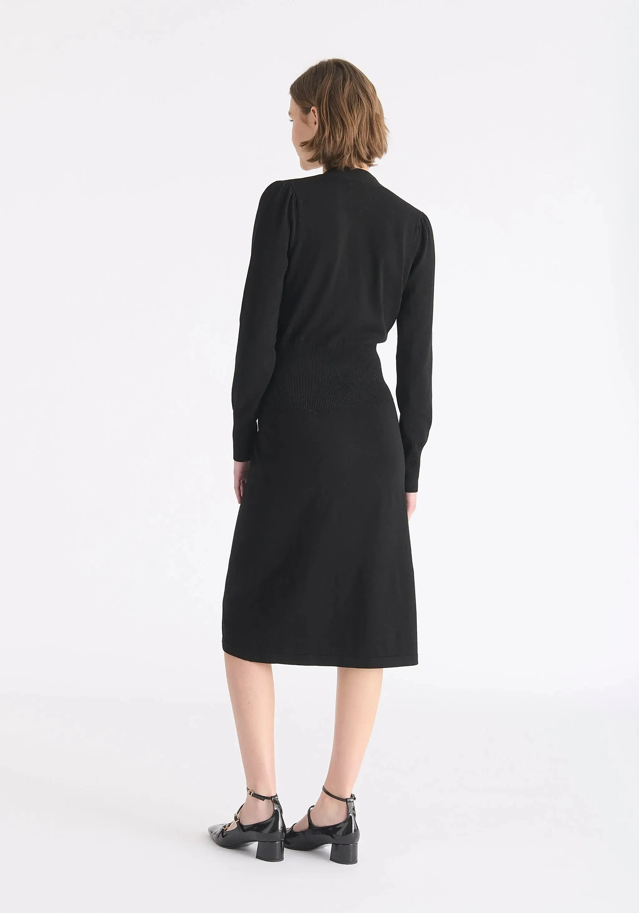 Black Long Sleeve Knitted Button Wrap Dress