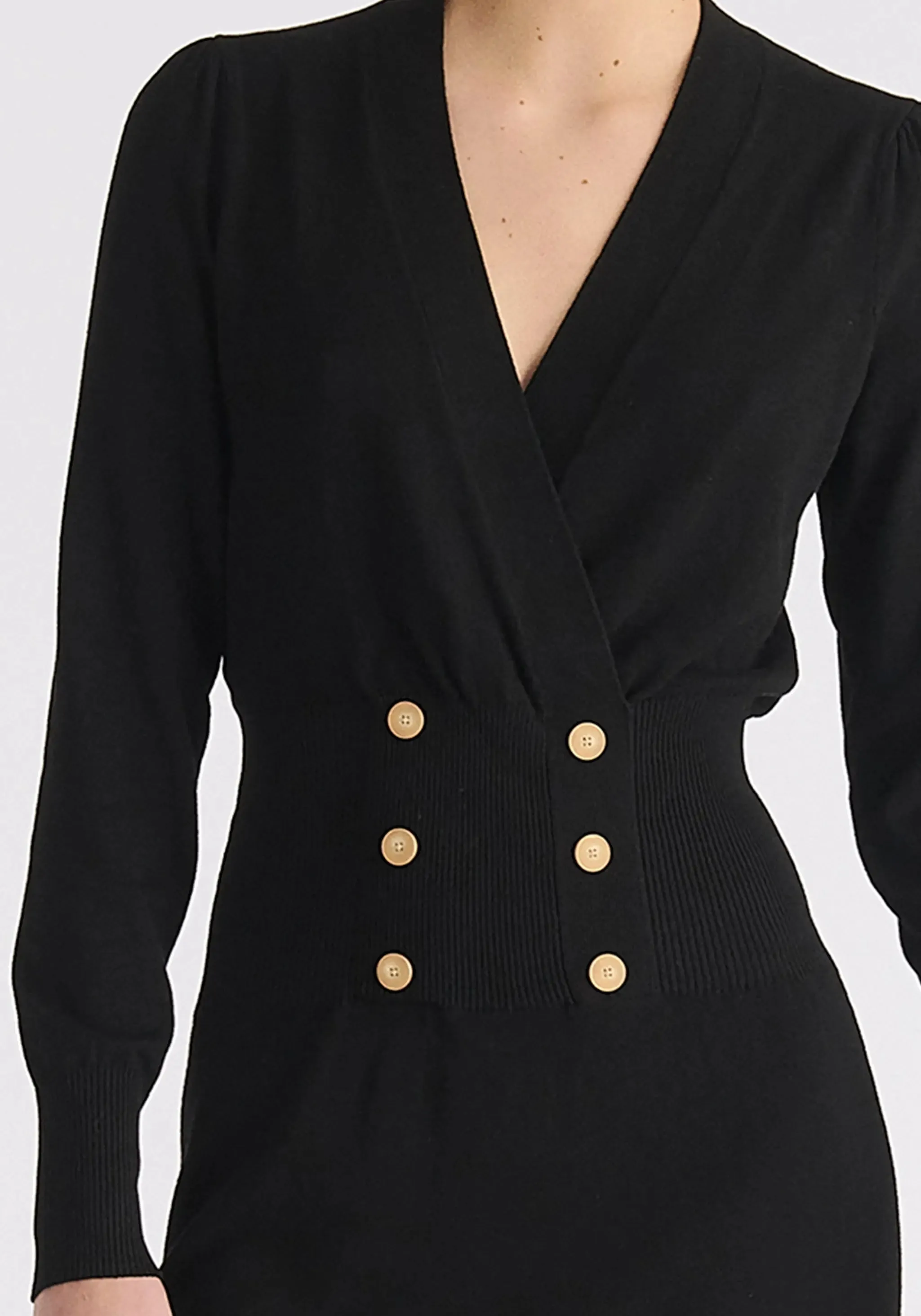 Black Long Sleeve Knitted Button Wrap Dress