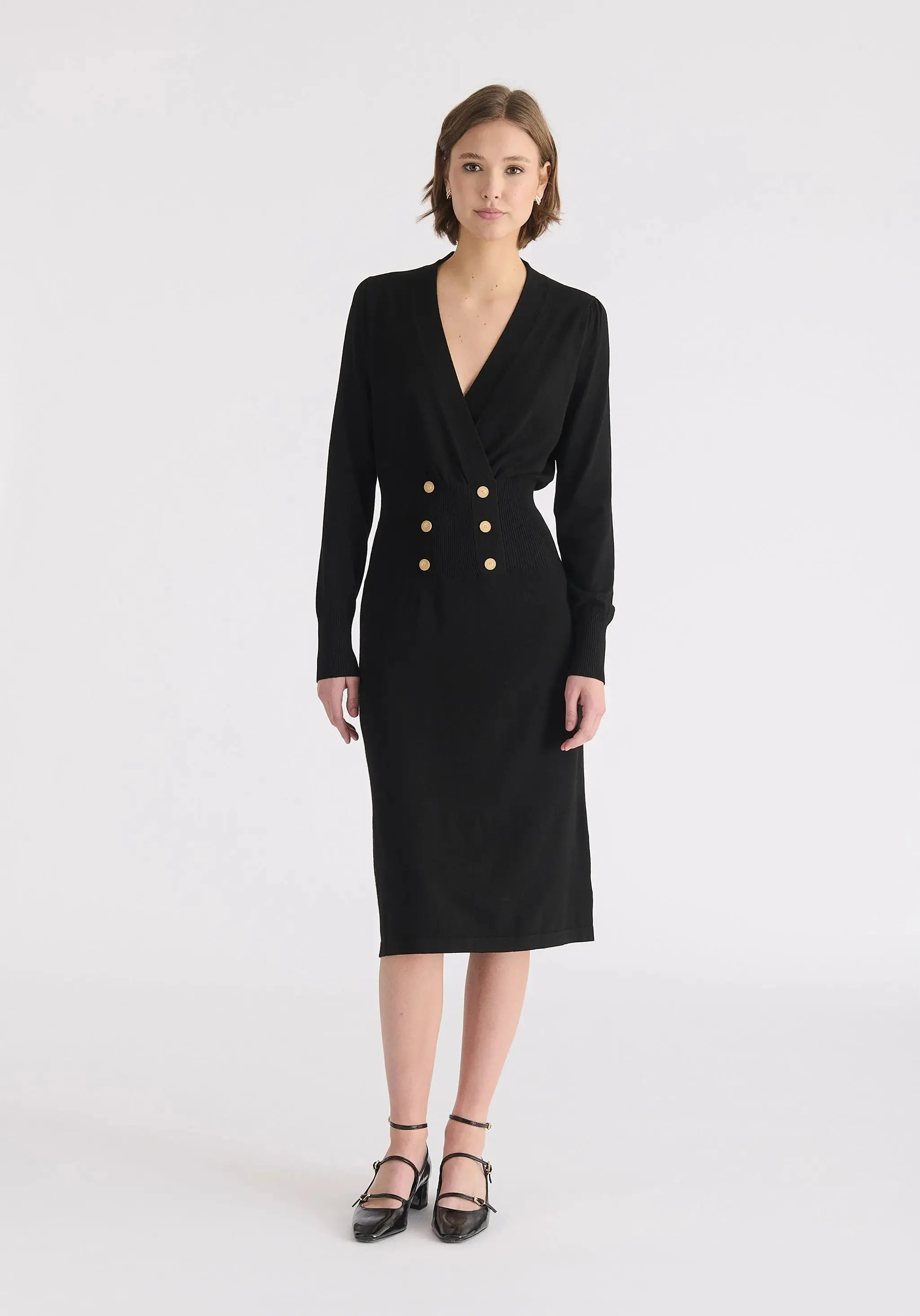 Black Long Sleeve Knitted Button Wrap Dress