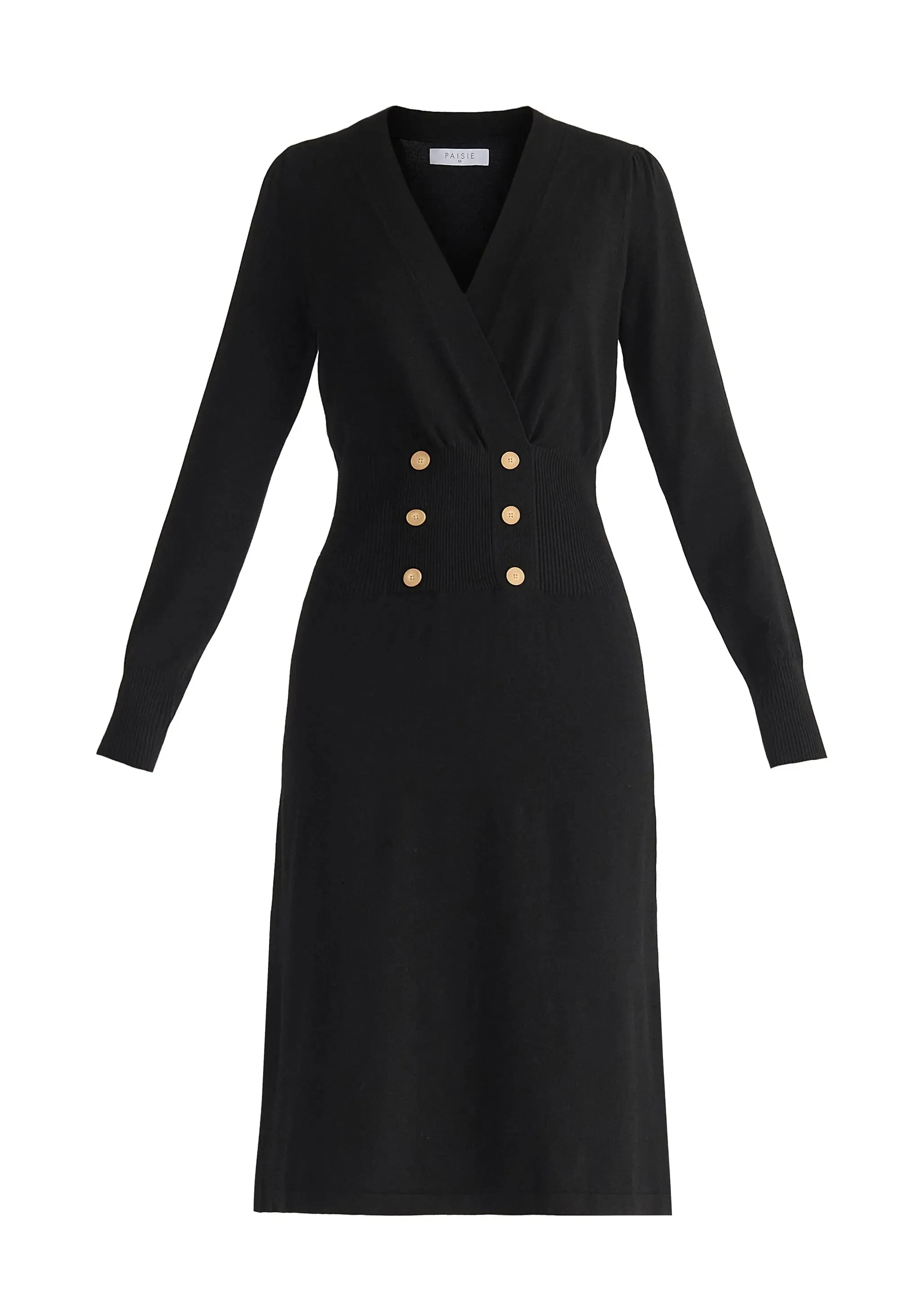 Black Long Sleeve Knitted Button Wrap Dress