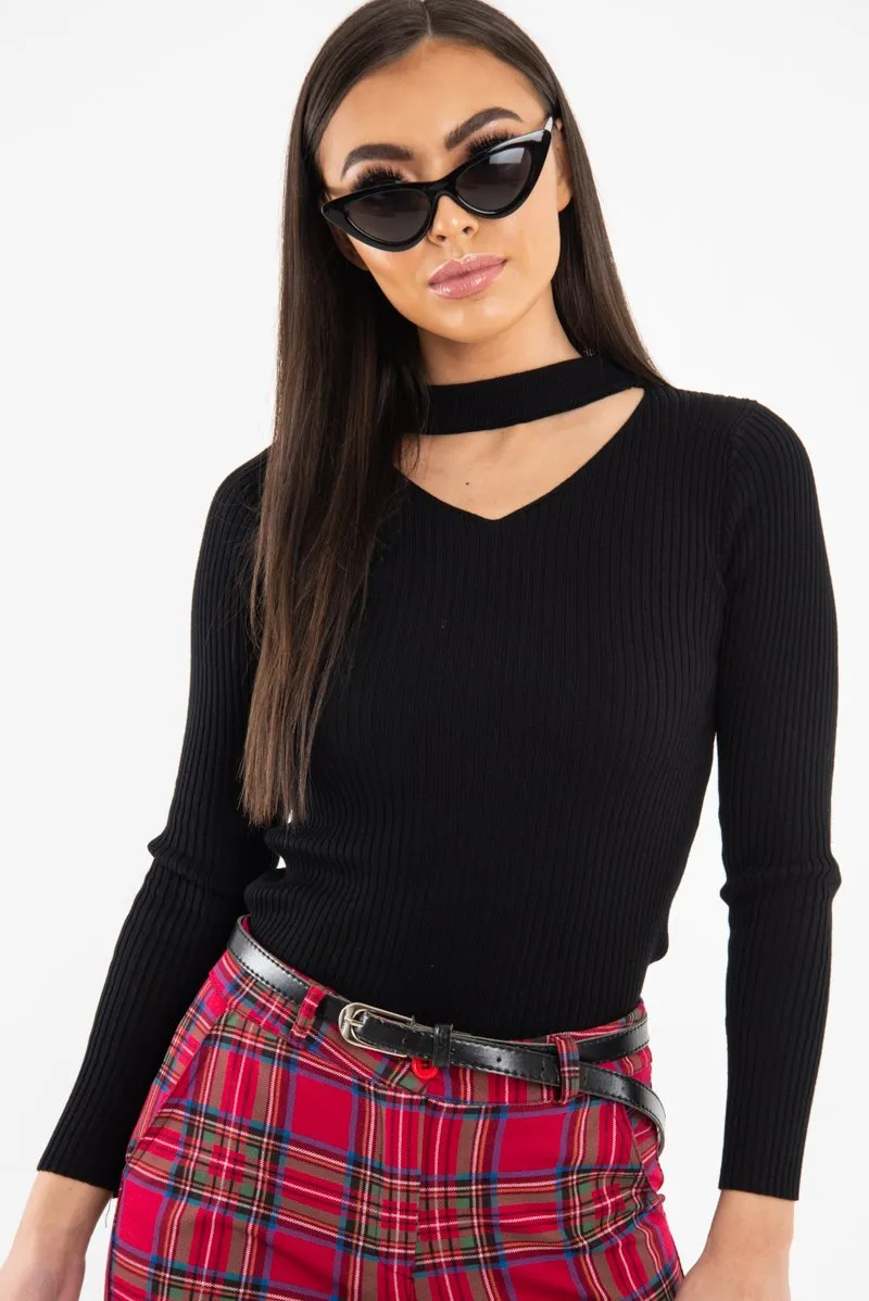 Black Rib Knit Choker Cut Out Jumper - Jamisen