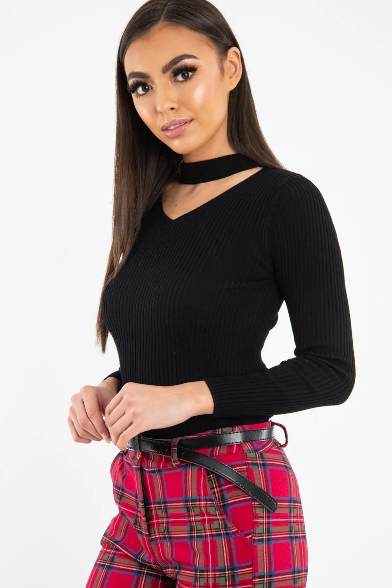 Black Rib Knit Choker Cut Out Jumper - Jamisen