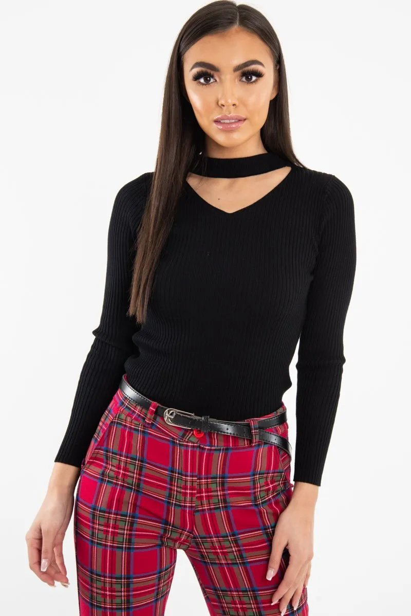 Black Rib Knit Choker Cut Out Jumper - Jamisen